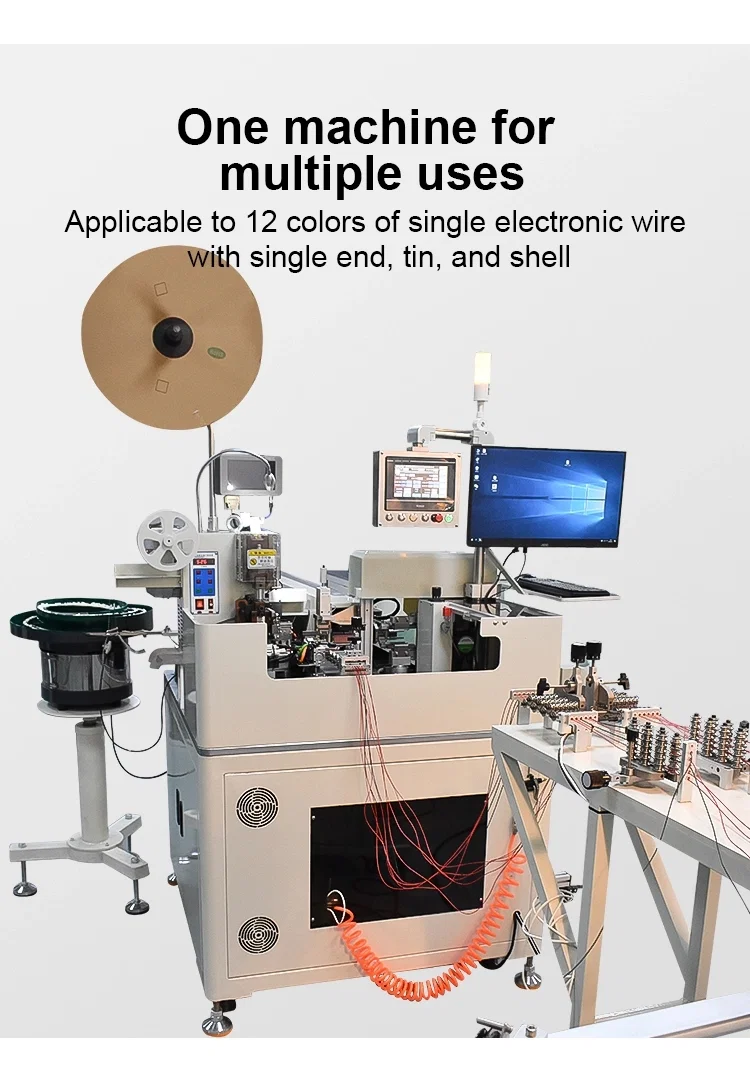Flere ledninger gennemborer plastikpropper, trådaftrækningsposition, terminal krimping, tinningsmaskine, se indsættelsesmaskine til plastikskal. 
