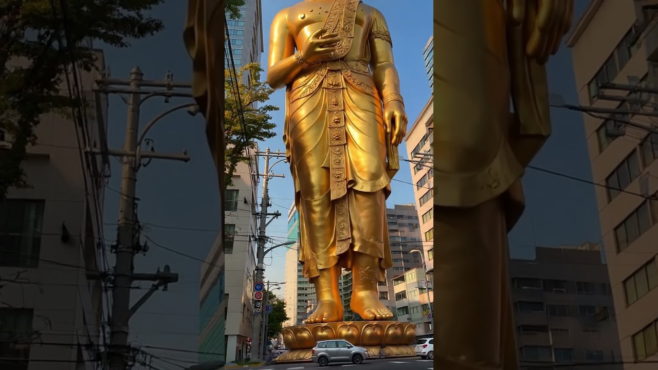 Storslået gylden Buddha-statue vandrer i byens travle gader – mindfulness midt i mylderet #buddha