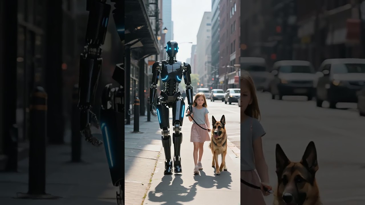 Humanoid robot og lille pige på gåtur: Fremtidens teknologi i møde med hverdagen