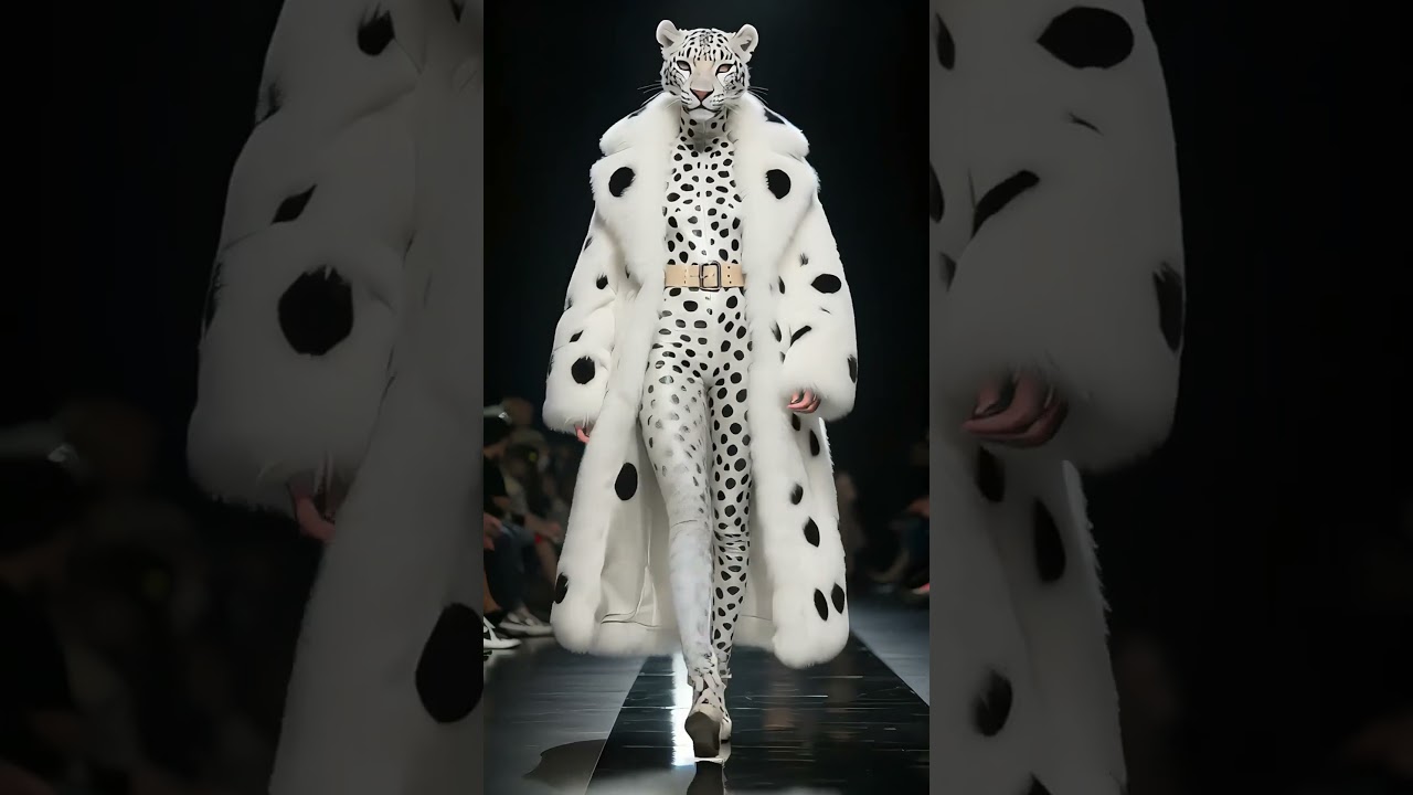 Robotmodel med sneleopardhoved på catwalken – futuristisk modeinnovation