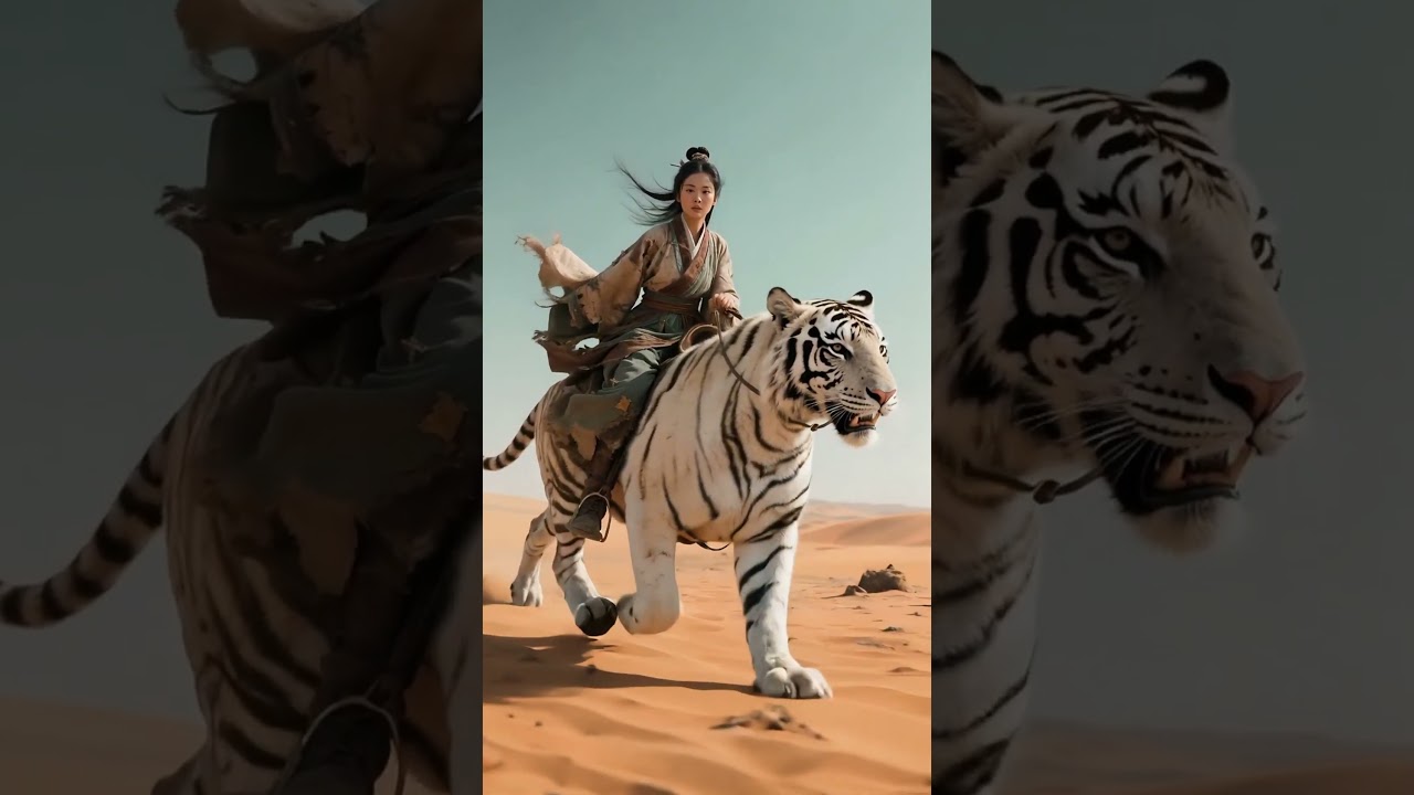 Se en smuk kvinde ride på en enorm hvid tiger!