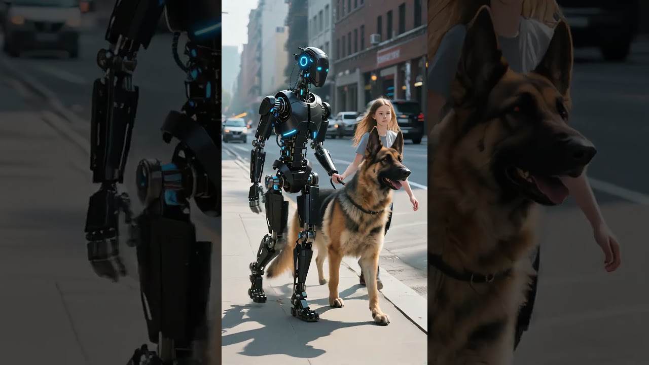 Livagtig robot går tur med hund på gaden